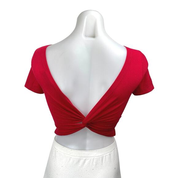 Hollister Red Ribbed Knit Short Sleeve Open Twist Back T Shirt Crop Top Size XS - Picture 2 of 4